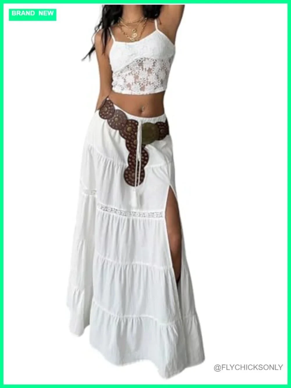 Boho Western Maxi Skirt with Lace Trim High Slit Layered Ruffle